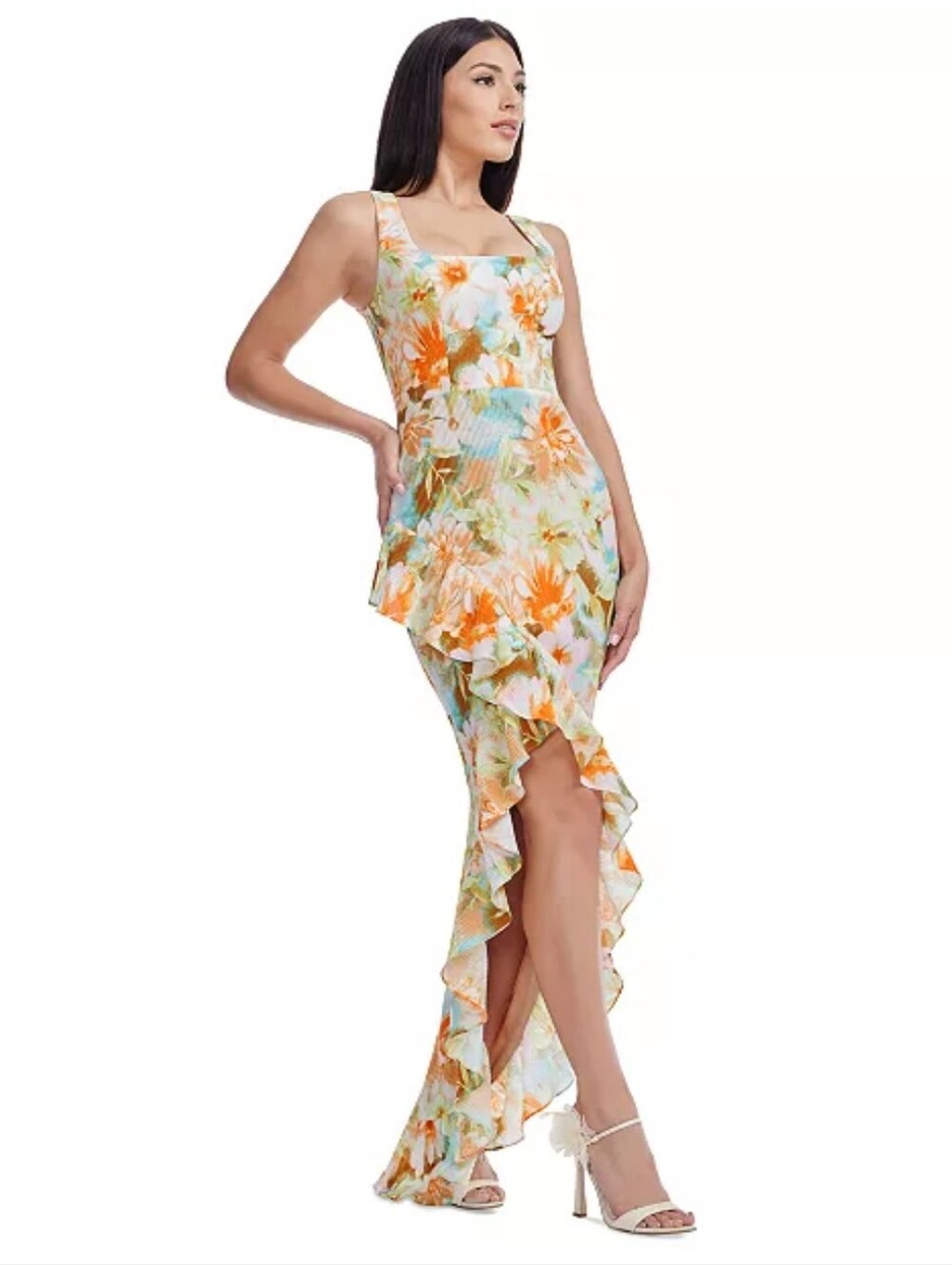 Dress The Population NWT Sorbet Floral Pleated Ruffle High Low Maxi Dress S $248